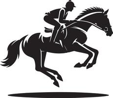 A silhouette of a horse and rider in mid jump against a white background in a stylized image vector