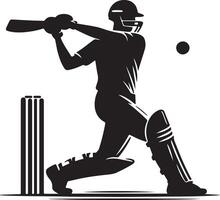 A silhouette of a cricket player hitting a ball next to the wickets in a white background image vector