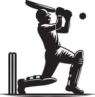 Silhouette illustration of a cricket player batting with wickets and a ball on a white background vector