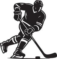 A stylized black and white illustration of a hockey player skating with a stick and puck on ice vector