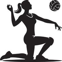 Silhouette of a woman kneeling while playing volleyball with a ball in a white background image style vector