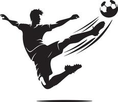 A silhouette of a soccer player kicking a soccer ball with motion lines in a dynamic pose on white vector