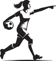 A silhouette of a female soccer player running with a ball and pointing her finger on a white background vector
