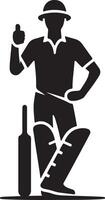 A cricket player in uniform standing with a bat and pads giving a thumbs up in a black silhouette vector