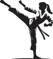 Silhouette of a woman in a karate stance with a raised leg and clenched fists on a white background vector