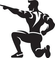 Silhouette of muscular man kneeling and pointing with an outstretched arm in a stylized illustration vector
