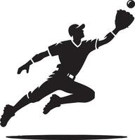 A baseball player silhouette leaping to catch a ball with a glove on a white background illustration vector