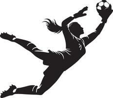 Silhouette of a female soccer goalkeeper diving to catch a soccer ball in a dynamic pose on white vector