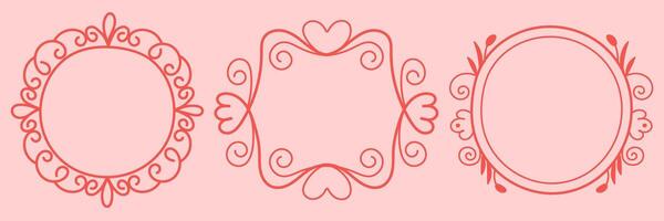 Set of decorative round and heart swirl frames. Cute hand drawn elements for romantic, kids, or craft design. vector