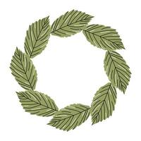 Green round wreath made of raspberry leaves. Natural hand drawn botanical element for eco design and packaging. vector
