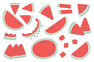 Flat illustration of watermelon slices and pieces in various shapes and cuts. Bright and playful summer-themed design perfect for seasonal, food, or tropical content. vector