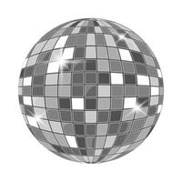 Silver disco mirror ball with reflective mosaic surface. Stylish element for retro parties, dance events, or music-themed visuals. vector