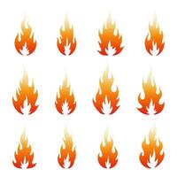 Set of halftone flame icons with orange-red gradient. Stylized dotted fire symbols for retro comic style, warning design, or hot concept visuals. vector