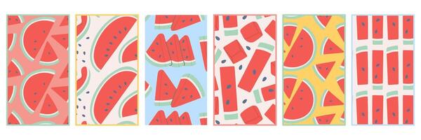 Set of seamless watermelon patterns with playful summer style. Bright colorful fruit backgrounds for textile, wrapping, packaging, stories, social media, digital invitations, cards or digital design. vector