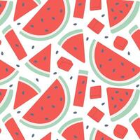 Seamless pattern with colorful watermelon slices and pieces. Fun summer fruit design ideal for fabric, wrapping paper, packaging, and seasonal backgrounds. vector