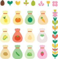 Set of colorful variety of fruit and vegetables seedling sack editable design illustration vector