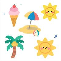 Set of summer items cute sun, umbrella, ball, coconut palm tree, and ice cream editable design illustration vector