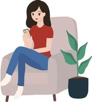 Woman holding phone while sitting on a couch editable design illustration vector