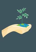 Hand holding a handful of earth with plants growing and text I love earth Design Illustration Editable vector