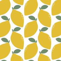 Seamless pattern with yellow lemons and green leaves on white background. Fresh and vibrant fruit design ideal for fabric, packaging, kitchen decor or summer themes. vector