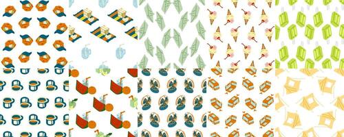 Summer Seamless Pattern Pack. Set of 10 seamless summer patterns with food, drinks, camping gear, hats, tents, fans, and more. Flat cartoon style in bright seasonal colors. vector