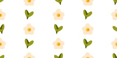 Seamless Floral and Leaf Pattern. Cute seamless pattern with pale flowers and heart-shaped green sprouts. Flat cartoon botanical style, soft pastel colors, isolated on white background. vector