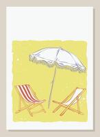 Vintage summer vacation card with beach chairs and umbrella on the beach. Retro, whimsical hand drawn sketch of summer beach relaxation for poster, card, art print, party invitation. Line art. vector