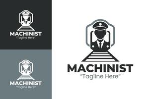 Creative Machinist Logo with Train Driver and Railway Tracks in Black and White vector