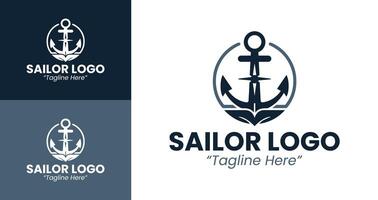 Sailor Logo with Ship Design and Waves in Blue and Dark Colors vector