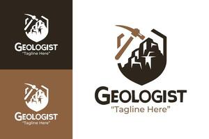 Creative Geologist Logo with Pickaxe and Mountain, Earth Tone Colors vector