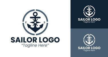 Sailor Logo with Anchor and Compass in Grey and Black, Nautical Design vector