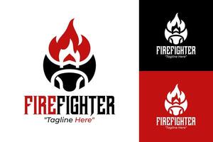 Professional Firefighter Logo with Tools and Flames in Red and Black vector
