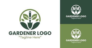 Minimalist Gardener Logo Featuring Shovel and Leaf Icon, Green and White Colors vector