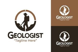 Professional Geologist Logo with Miner and Mountain Design in Brown and White Colors vector