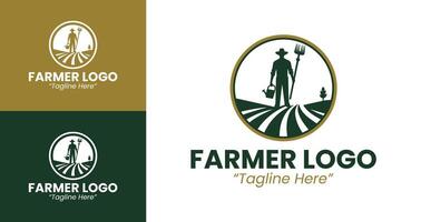 Minimalist Farmer Logo with Crop Fields and a Farmer Holding a Fork in Green and Gold Colors vector
