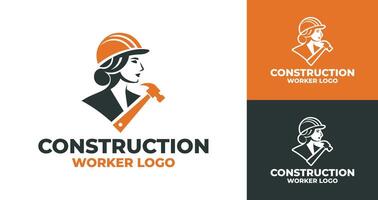 Modern Construction Worker Logo Design with Helmet and Hammer vector