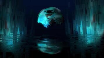 The blue planet looks impressive, appearing as a hologram, reflected in the glittering metallic structure of the futuristic base. video