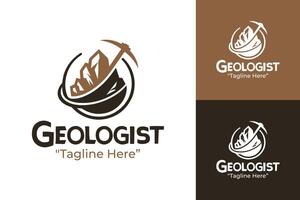 Modern Geologist Logo Featuring Miner with Pickaxe and Mountain Exploration, Brown and White vector