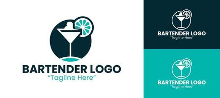 Minimalist Bartender Logo with Drink and Lime Slice for Branding in Teal and Dark Blue vector