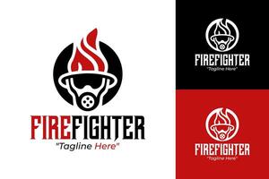 Firefighter Logo Design with Flames and Helmet in Red and Black vector