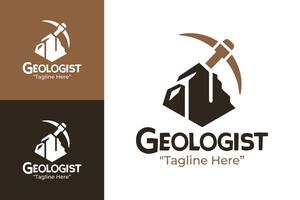 Geologist Logo with Mountain and Pickaxe, Earth Tones and White Branding vector
