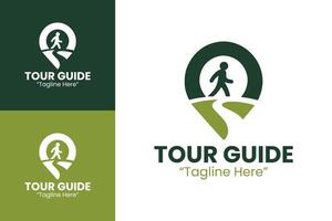 Tour Guide Icon with Walking Figure and Location Pin in Green and White Colors vector
