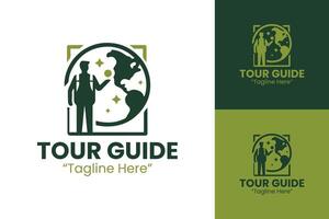 Tour Guide Logo with Globe and Stars Design in Green and White for Travel Services vector