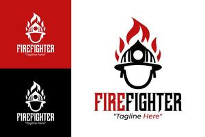 Bold Firefighter Logo with Fire and Helmet Design in Red and Black vector