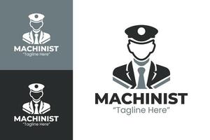 Unique Machinist Logo with Train Driver in Black and Dark Gray Design vector