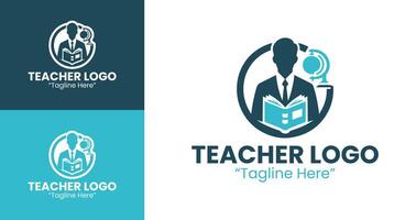 Modern Teacher Logo Design with Open Book and Classroom Icon in Teal and Dark Blue vector