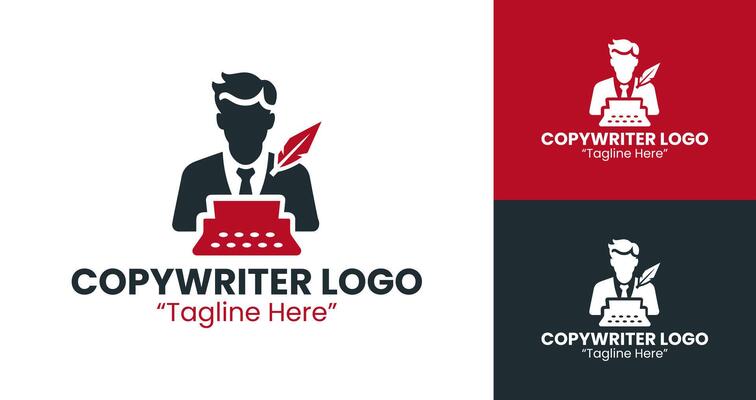 Professional Male Copywriter Logo with Feather Pen and Red Typewriter for Business Identity