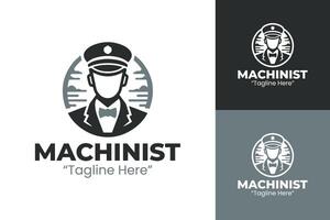 Machinist Logo with Train Engineer and Tracks in Gray and White, Professional Design vector
