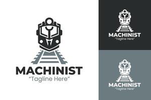 Modern Machinist Logo with Train Engine and Tracks in Dark Gray and White Colors vector