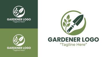 Sustainable Gardener Logo Featuring Shovel and Leaves in Green and White vector